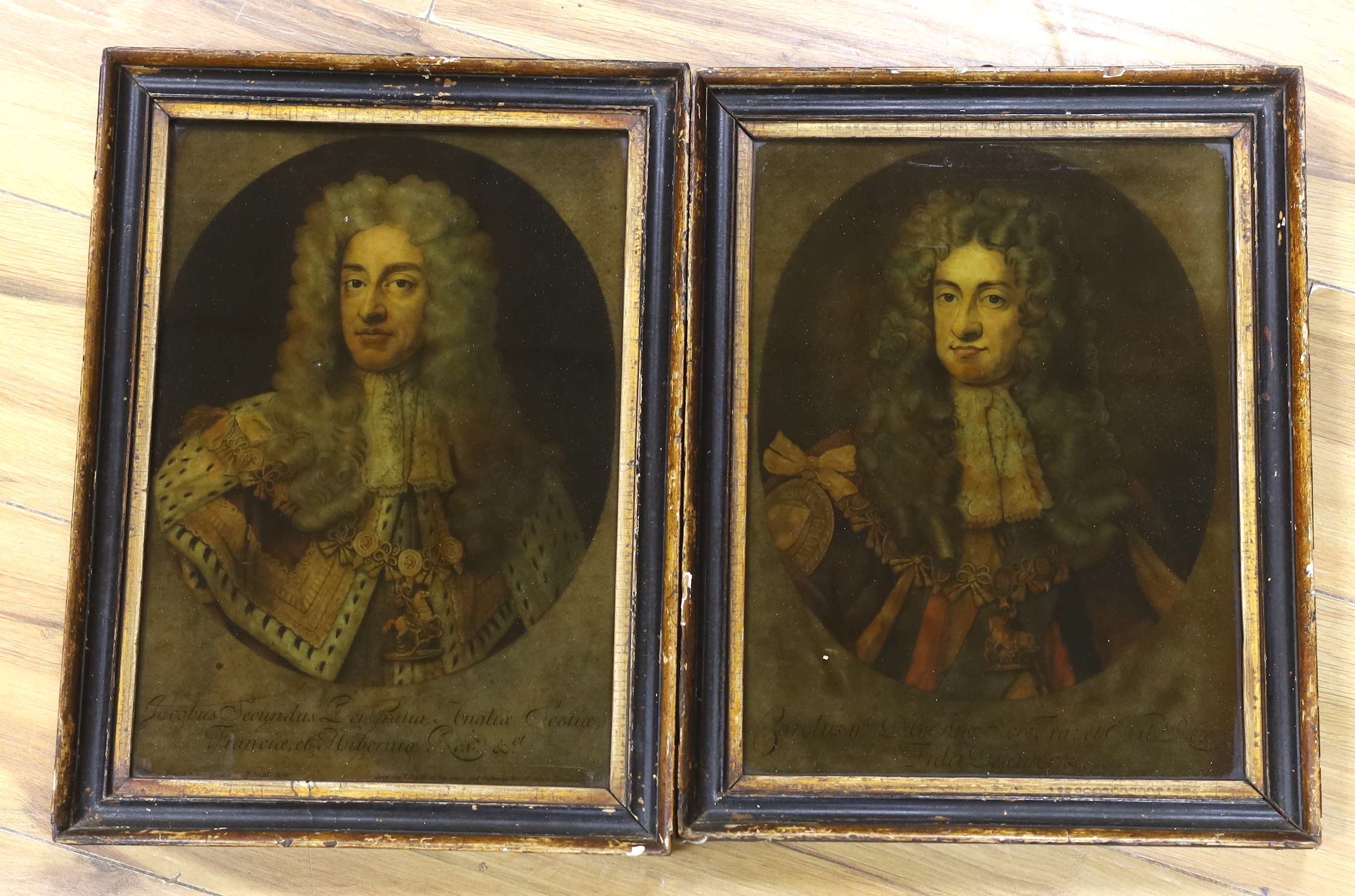 After Godfrey Kneller (1646-1723), pair of 18th century reverse glass painted prints, Charles II and James II, each sold by J. Smith, Covent Garden, 33 x 25cm, housed in original frames